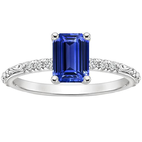 Emerald Gemstone with Accents Ring Blue Sapphire & Diamond 3.50 Carats
