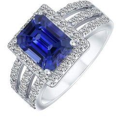 Emerald Halo Srilanka Sapphire Ring Triple Shank Natural Earth Mined Diamonds 5.50 Carats