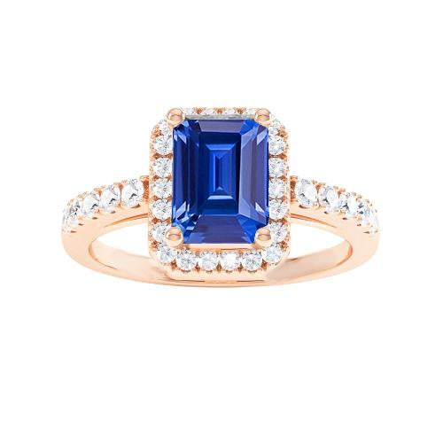 Emerald & Round Diamond Halo Ring Blue Sapphire 3.50 Carats Rose Gold