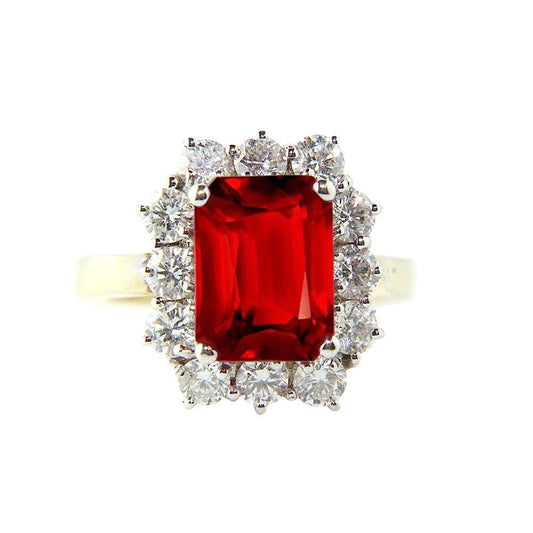 Emerald Shape Red Ruby With Round Diamonds Ring 7.45 Carats Gold
