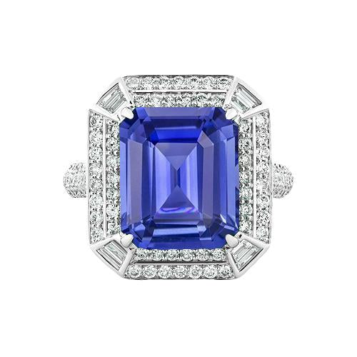 Emerald Shaped Diamond Blue Sapphire Ring 4.50 Carats Pave Set Accents