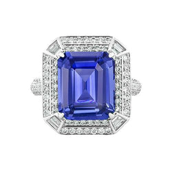 Emerald Shaped Natural Earth Mined Diamond Blue Sapphire Ring 4.50 Carats Pave Set Accents