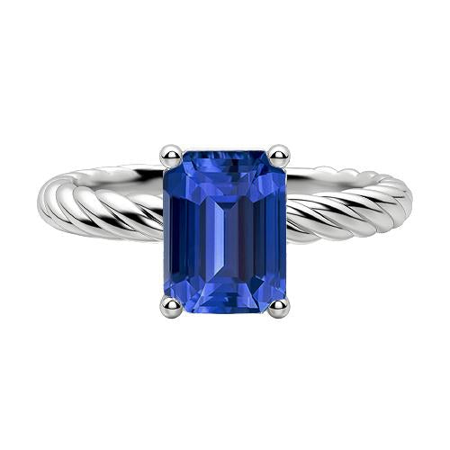 Emerald Solitaire Blue Sapphire Ring Gold Twisted Rope Style 2 Carats