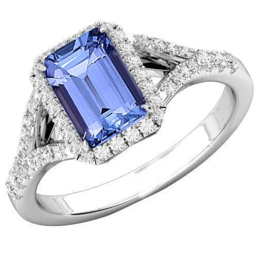 Emerald Tanzanite 4.10 Carats Diamonds Engagement Ring White Gold 14K
