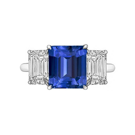 Emerald Three Stone Blue Sapphire Ring 3 Carats Gold Jewelry
