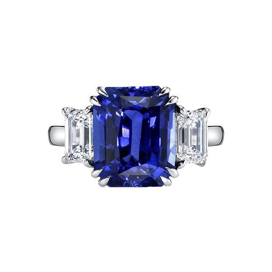 Emerald Three Stone Blue Sapphire Ring 3.50 Carats Women’s Jewelry