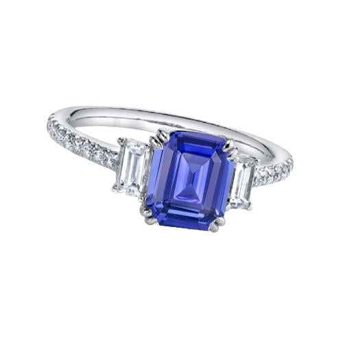 Emerald Three Stone Blue Sapphire Ring & Pave Set Diamonds 3 Carats