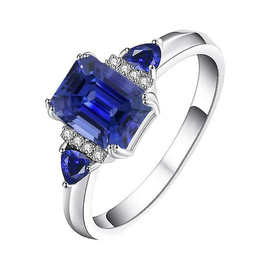 Emerald Three Stone Natural Blue Sapphire Ring & Diamonds 3 Carats