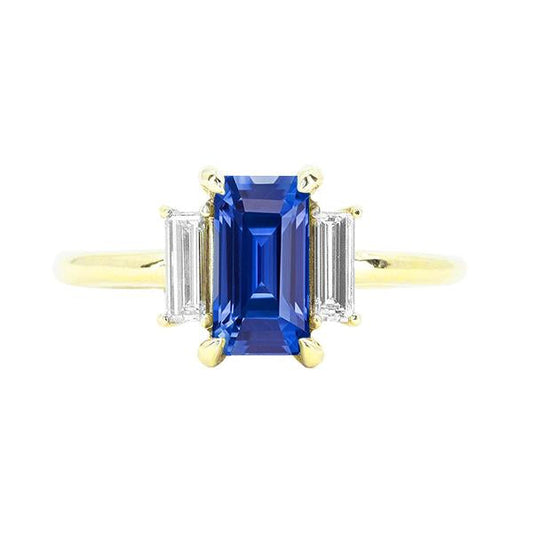 Engagement 3 Stone Blue Sapphire Emerald & Baguette Cut Ring 3 Carats