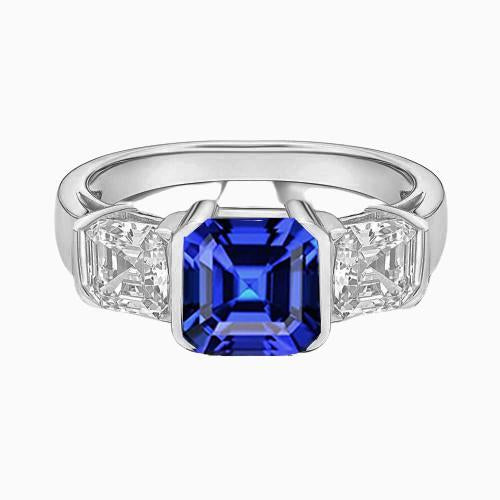 Engagement 3 Stone Diamond Ring Asscher Sri Lankan Sapphire 2 Carats