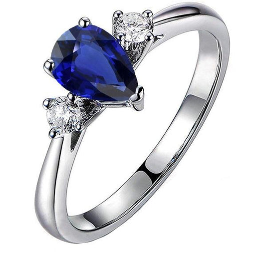 Engagement 3 Stone Ring Pear Blue Sapphire & Diamonds 2.50 Carats