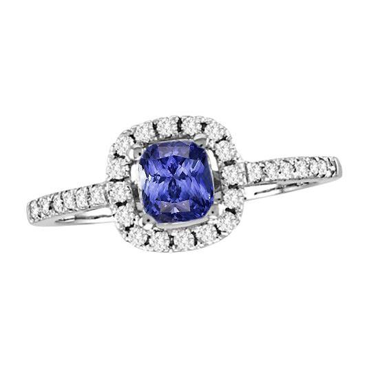 Engagement Halo Cushion Sapphire Ring 2.50 Carats Diamond 14K Gold