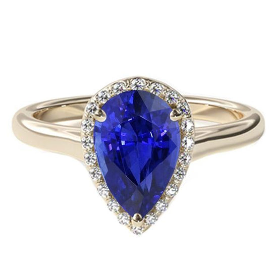 Engagement Halo Ring Pear Cut Blue Sapphire & Diamonds 4 Carats