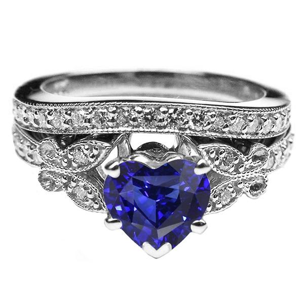 Engagement Heart Blue Sapphire Ring Set Butterfly Style 4 Carats