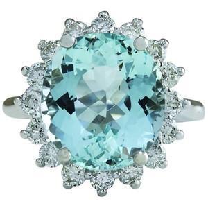 Engagement Ring 11.50 Ct Round Aquamarine And Diamonds White Gold