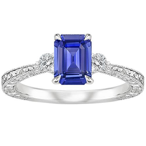 Engagement Ring 3 Stones Emerald Blue Sapphire & Diamond 3.50 Carats