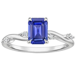 Engagement Ring 5 Stones Emerald Cut Blue Sapphire & Diamond 4 Carats