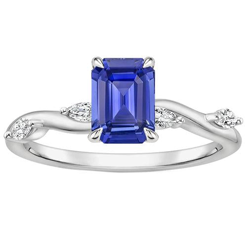 Engagement Ring 5 Stones Emerald Cut Blue Sapphire & Diamond 4 Carats