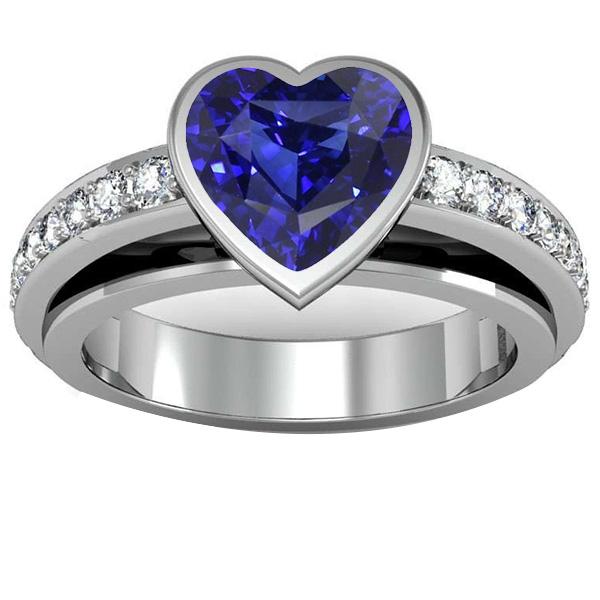 Engagement Ring Bezel Set Deep Blue Sapphire 3.50 Carats Pave Diamonds