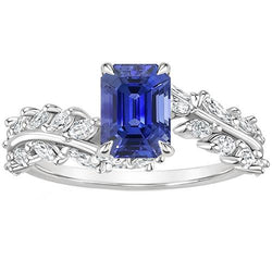 Engagement Ring Leaf Style Emerald Ceylon Sapphire & Natural Earth Mined Diamond 5 Carats