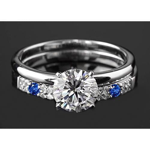 Engagement Ring Set 2.75 Carats Round Diamond & Blue Sapphire 4 Prong