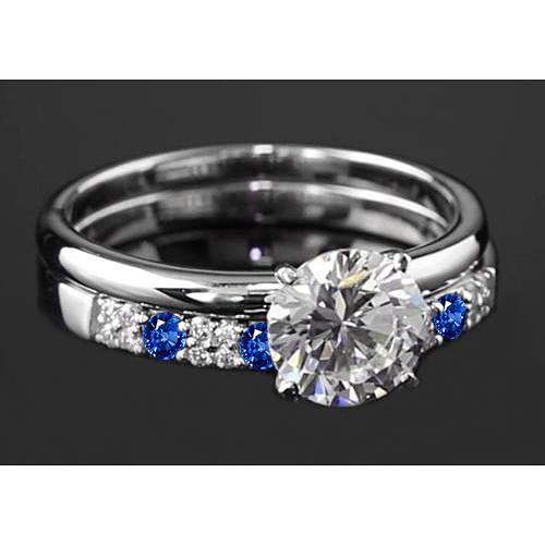 Engagement Ring Set 2.75 Carats Round Diamond & Blue Sapphire 4 Prong