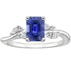 Engagement Ring White Gold Emerald Blue Sapphire & Natural Earth Mined Diamond 4 Carats