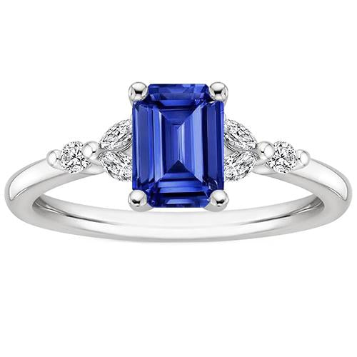 Engagement Ring With Accents Emerald Blue Sapphire & Diamond 4 Carats