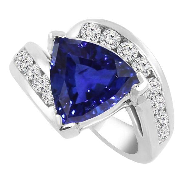Fancy Women Ring Trillion Sapphire Round Channel Set Diamonds 4 Carats