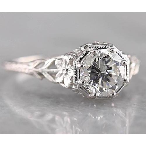 Filigree Round Diamond Ring 1.50 Carats White Gold 14K