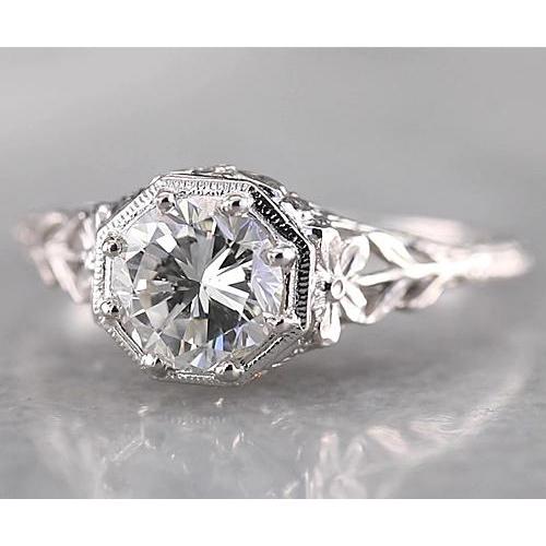 Filigree Round Diamond Ring 1.50 Carats White Gold 14K