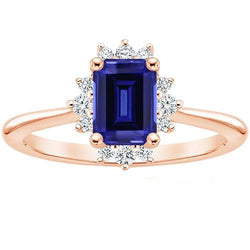 Flower Style Ring Ceylon Sapphire & Diamond 4 Carats Emerald Cut