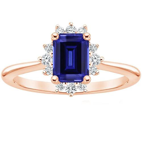 Flower Style Ring Ceylon Sapphire & Diamond 4 Carats Emerald Cut