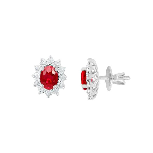 Flower Style Studs Earrings 5 Ct Ruby And Diamonds White Gold 14K