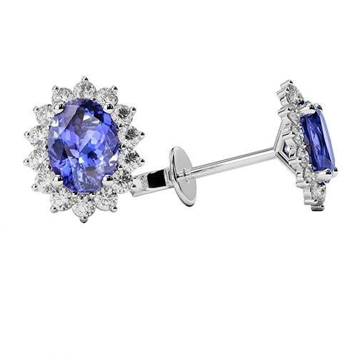 Flower Style Studs Earrings 6.40 Carats Tanzanite Diamonds Gold 14K
