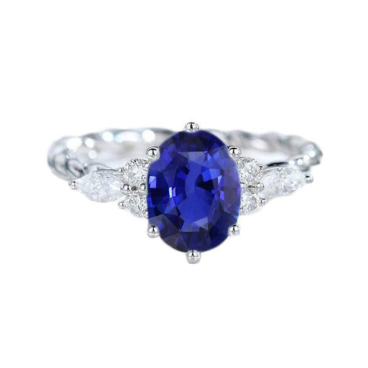 Gemstone Blue Sapphire Ring With Marquise & Round Diamonds 4 Carats