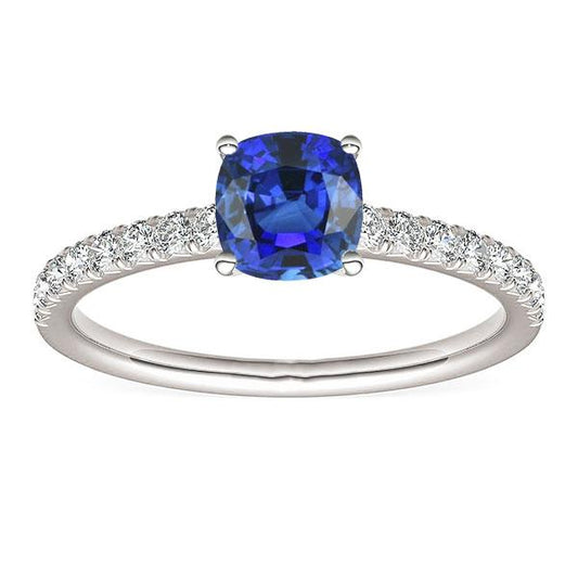 Gemstone Cushion Cut Sapphire Ring 2.50 Carats Fishtail Set Diamonds