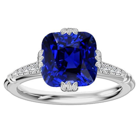 Gemstone Cushion Sapphire Ring 3.50 Carats Triple Prong Diamonds