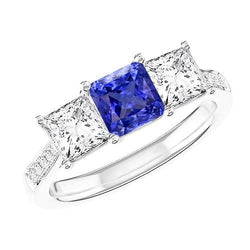 Gemstone Cushion Sapphire Ring Princess & Round Diamonds 3 Carats