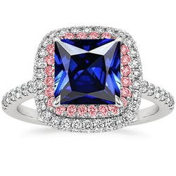 Gemstone Diamond Ring Blue & Pink Sapphire Double Halo 6.50 Carat Gold