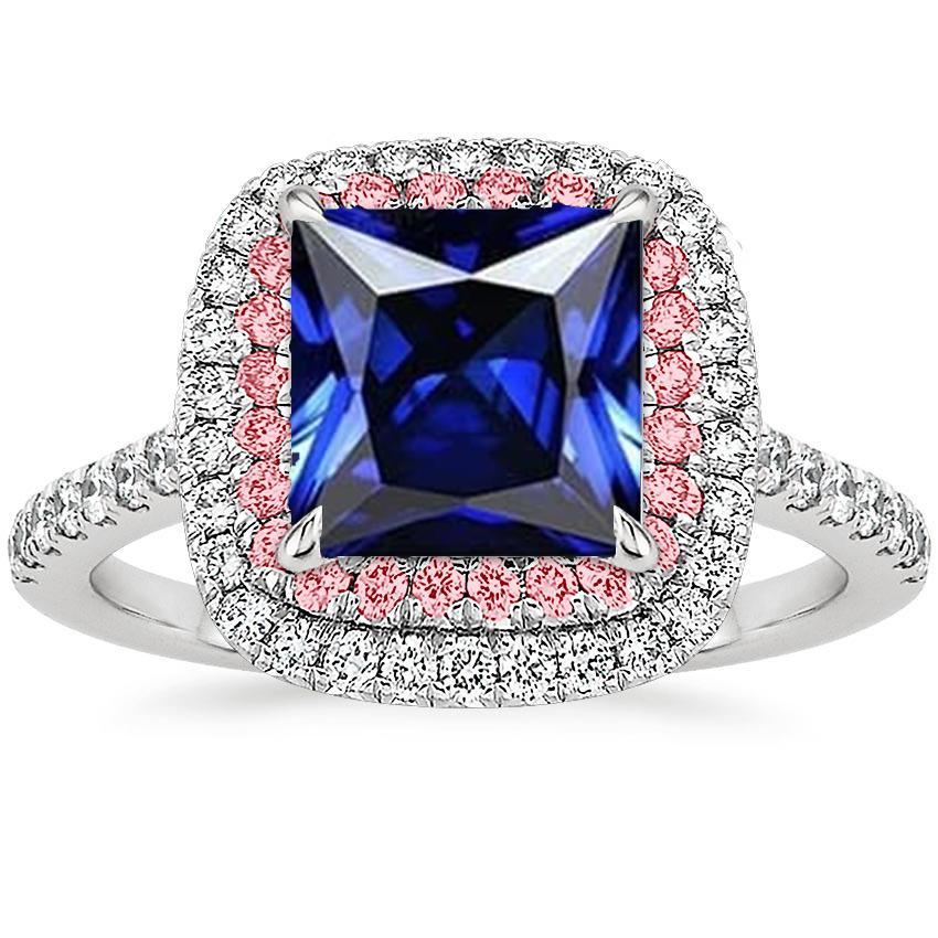 Gemstone Diamond Ring Blue & Pink Sapphire Double Halo 6.50 Carat Gold