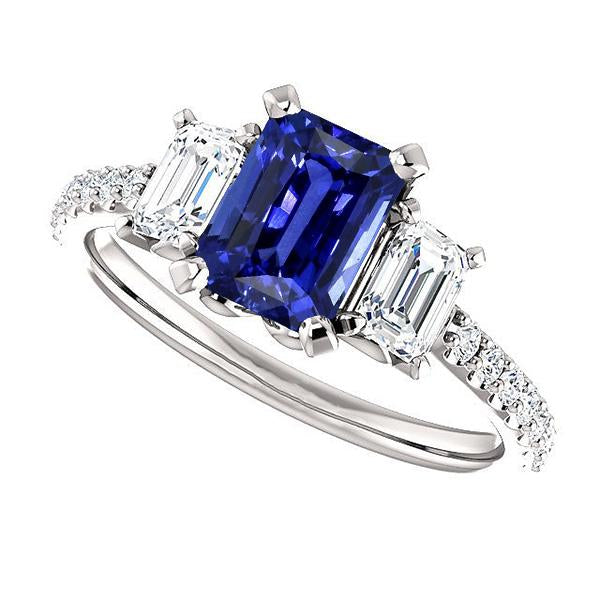 Gemstone Emerald Blue Sapphire Ring 3 Stone Style & Diamonds 4 Carats