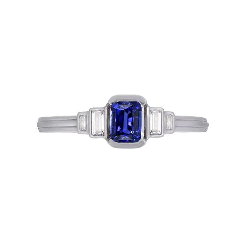 Gemstone Emerald Blue Sapphire Ring 5 Stone Baguette Diamonds 2 Carats