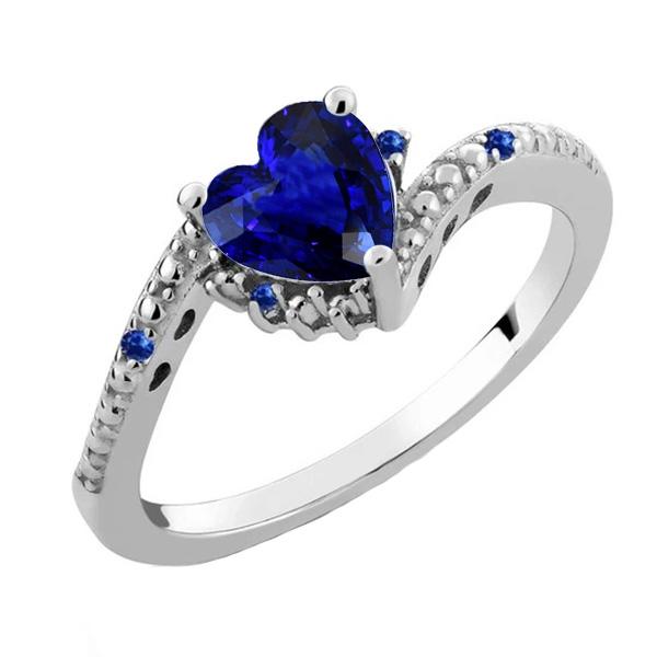 Gemstone Engagement Heart & Round Blue Sapphire Ring 2 Carats