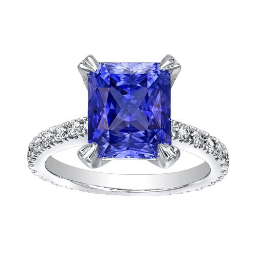 Gemstone Engagement Ring Pave Set Diamonds Radiant Sapphire 3 Carats