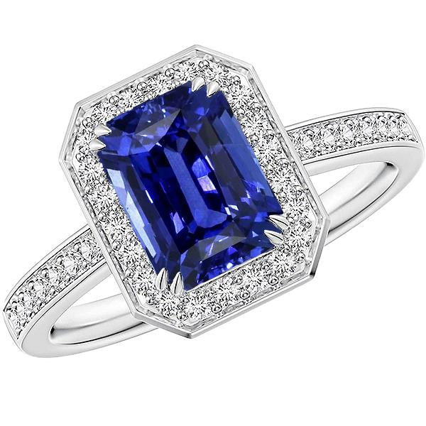 Gemstone Halo Emerald Blue Sapphire Ring Prong Set Diamonds 5 Carats