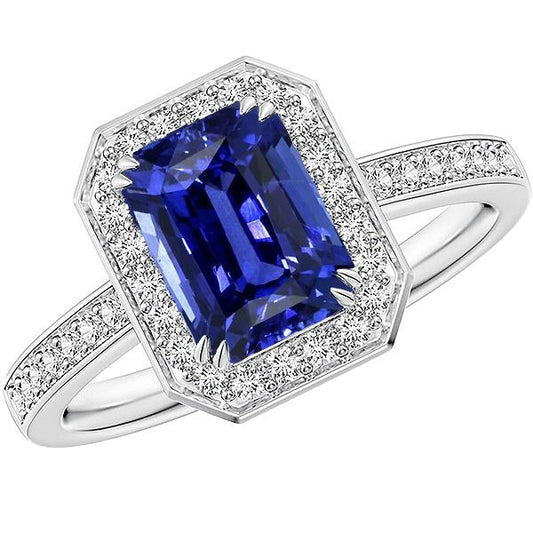 Gemstone Halo Emerald Blue Sapphire Ring Prong Set Diamonds 5 Carats