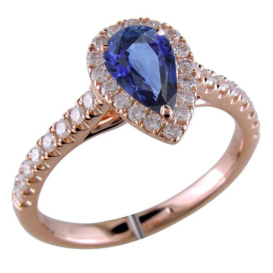 Gemstone Halo Pave Set Diamond Ring Pear Ceylon Sapphire 5.50 Carats