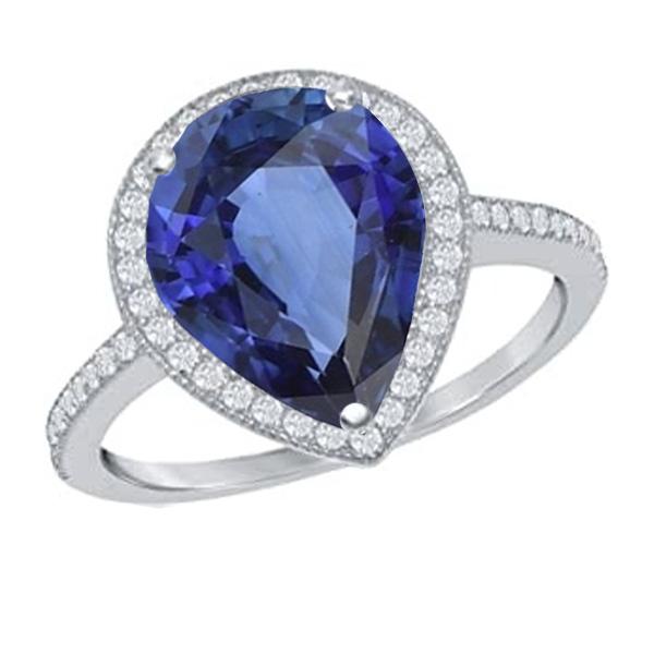 Gemstone Halo Pear Ceylon Sapphire Ring & Diamonds 5 Carats