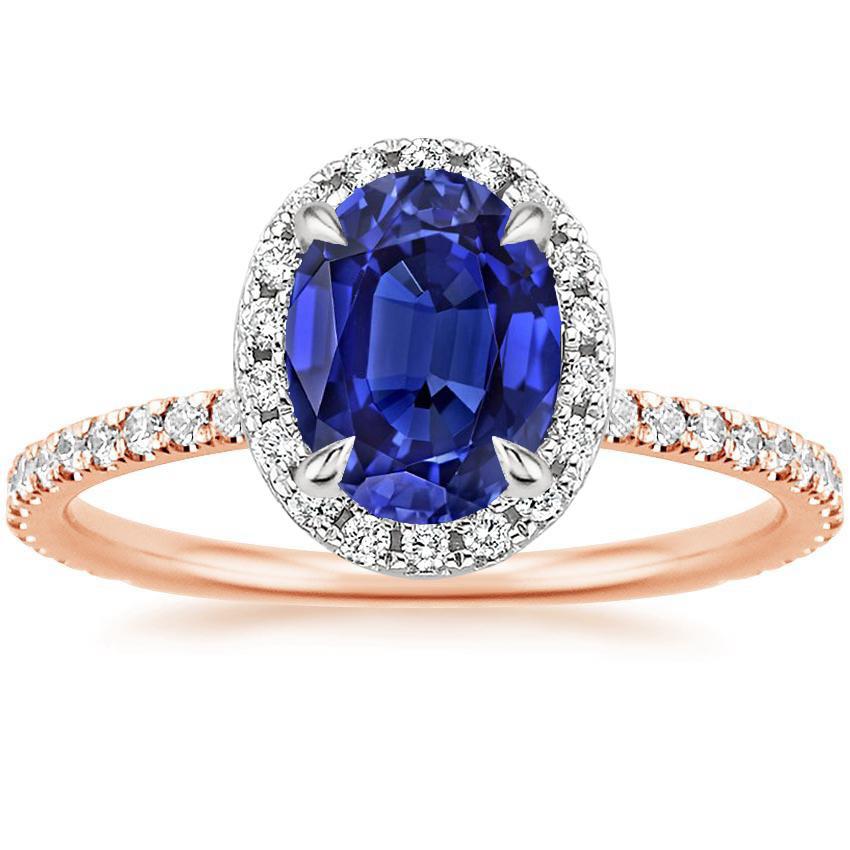 Gemstone Halo Ring Oval SriLanka Sapphire 5 Carats Two Tone Gold 14K